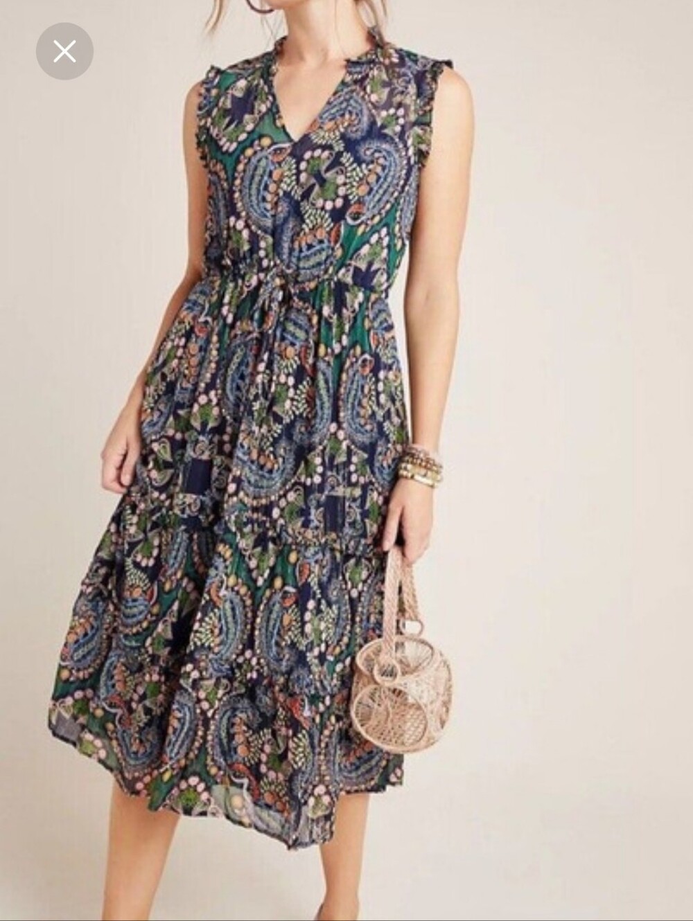Anthropologie Navy and Green Paisley Tiered Midi Dress
